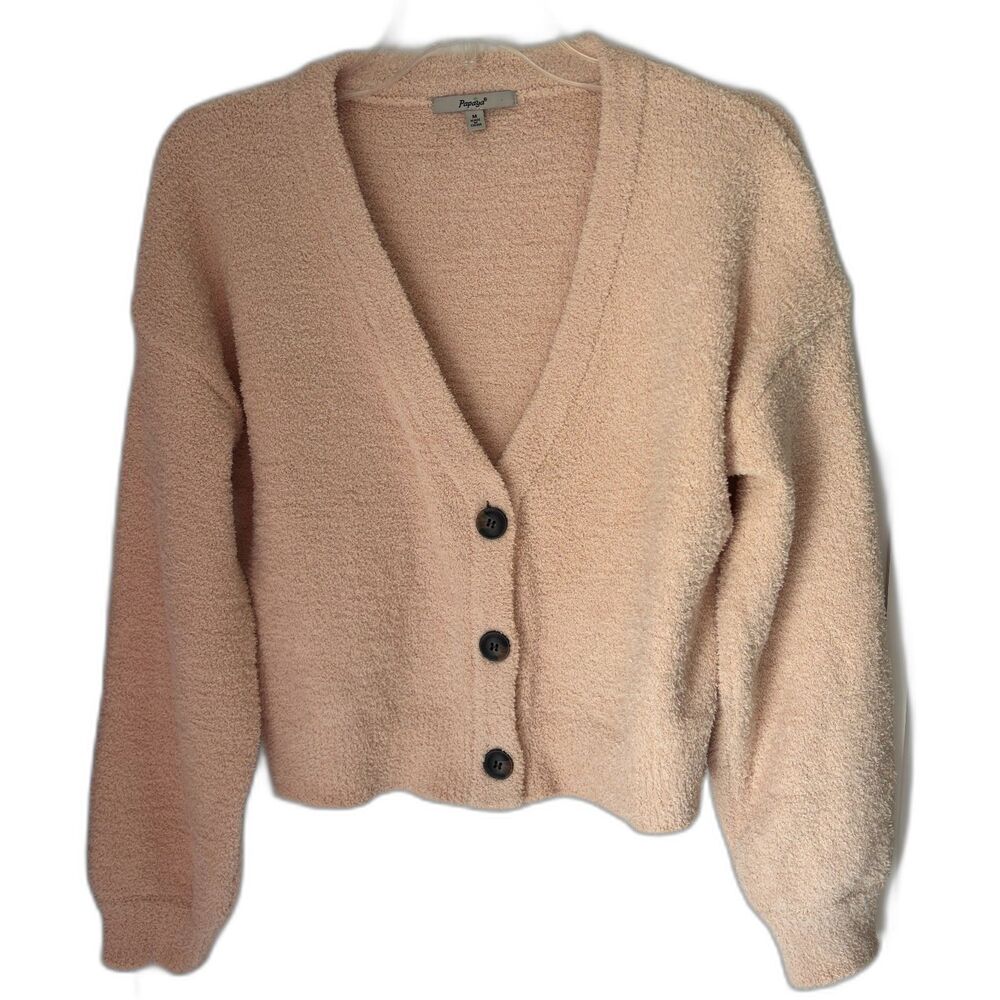 Papaya Soft Plush V Neck Taupe Button Up Crop Sweater Ladies Size Med.